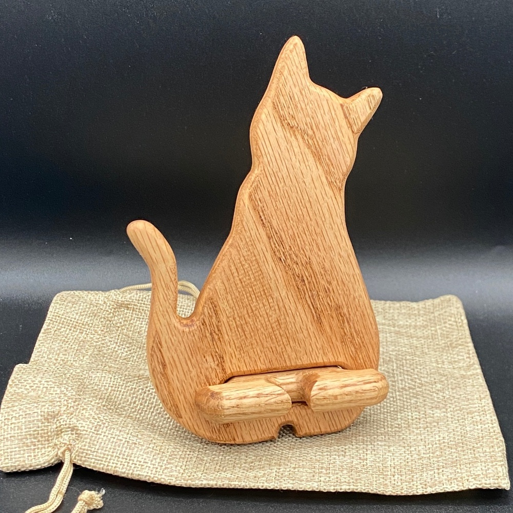 Handmade Oak Wood Cat Phone Holder Made in USA Come with Linen Bag